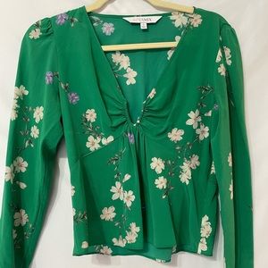 INTERMIX Green Floral V-Neck Long Sleeve Blouse
